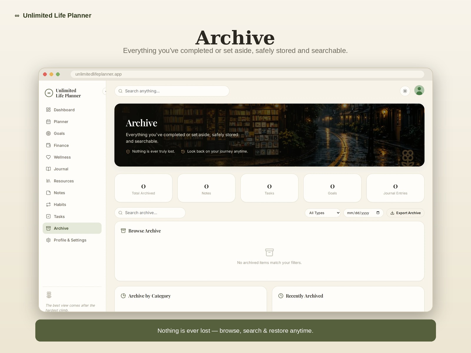 Unlimited Life Planner archive dashboard